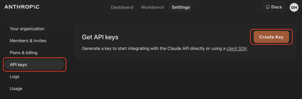 Anthropic settings page showing the option to create API keys with buttons labeled "Create Key" and various menu items on the left sidebar.