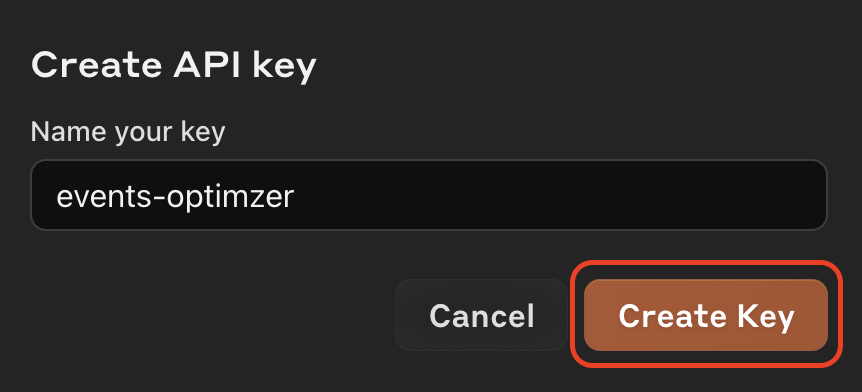 A user interface displaying a form to create an API key, with the key name "events-optimizer" entered, and options to cancel or create the key with the "Create Key" button highlighted.