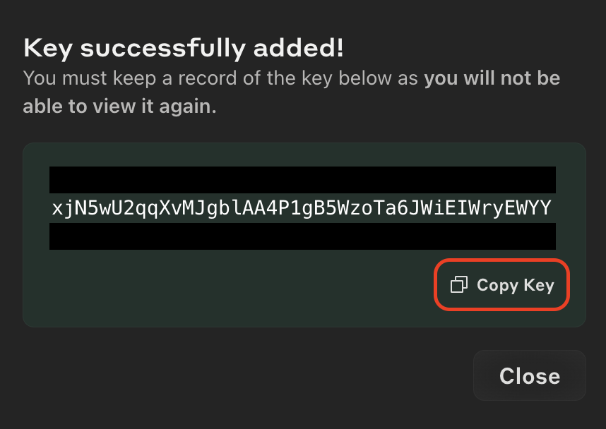 A confirmation message that a key has been successfully added with the key displayed and an option to copy the key.