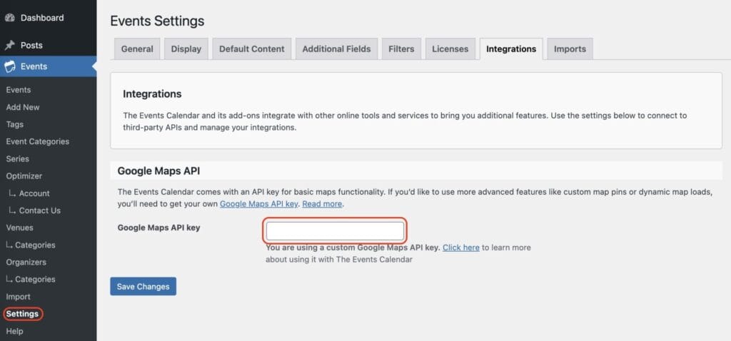 Screenshot of the "Integrations" tab in the "Events Settings" page. The page displays a section for integrating the Google Maps API, with an area to enter the API key and a "Save Changes" button.