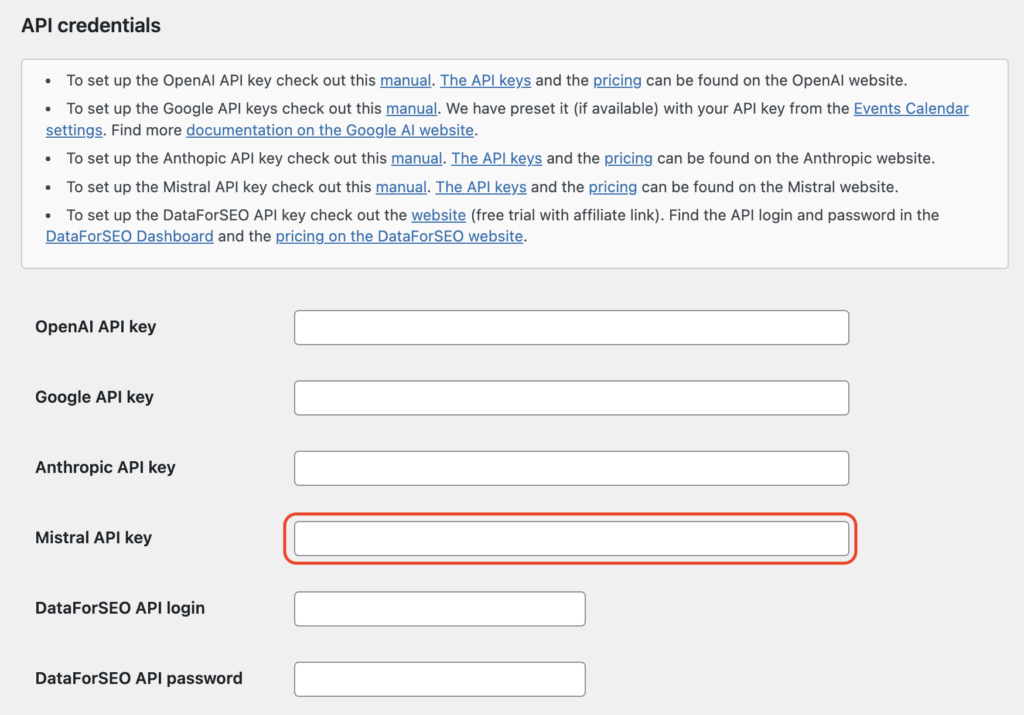 Screenshot of a form for entering API credentials featuring fields for OpenAI, Google, Anthropic, and Mistral API keys, as well as DataForSEO login and password, accompanied by instructional text and links.