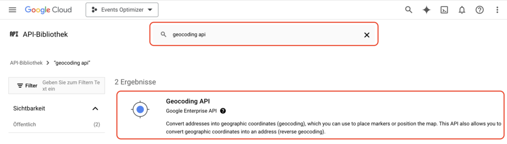 Screenshot of Google Cloud API library with a search for "Geocoding API." The result displays the Geocoding API with a description about converting geographic coordinates and addresses.