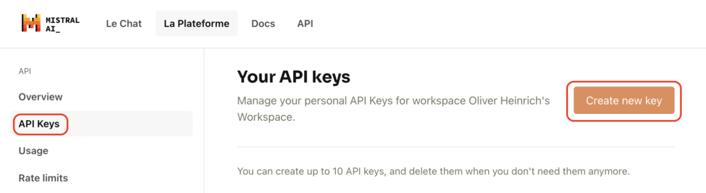 Screenshot of a web interface for managing API keys, with "API Keys" selected in the sidebar and a "Create new key" button highlighted. Text mentions managing personal API keys for a workspace.