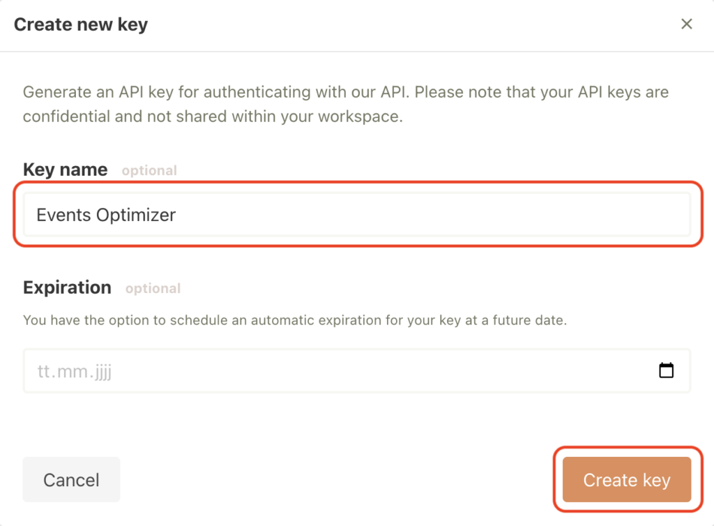 A dialog box for creating a new key with fields for 'Key name' and 'Expiration'. The 'Events Optimizer' key name has been typed and the 'Create key' button is highlighted.