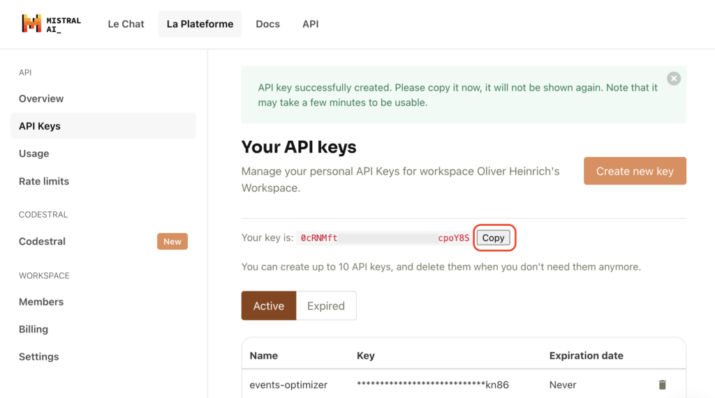 Screenshot of "Your API keys" page showing an API key marked as temporary with an option to copy it. A "Create new key" button is also visible.