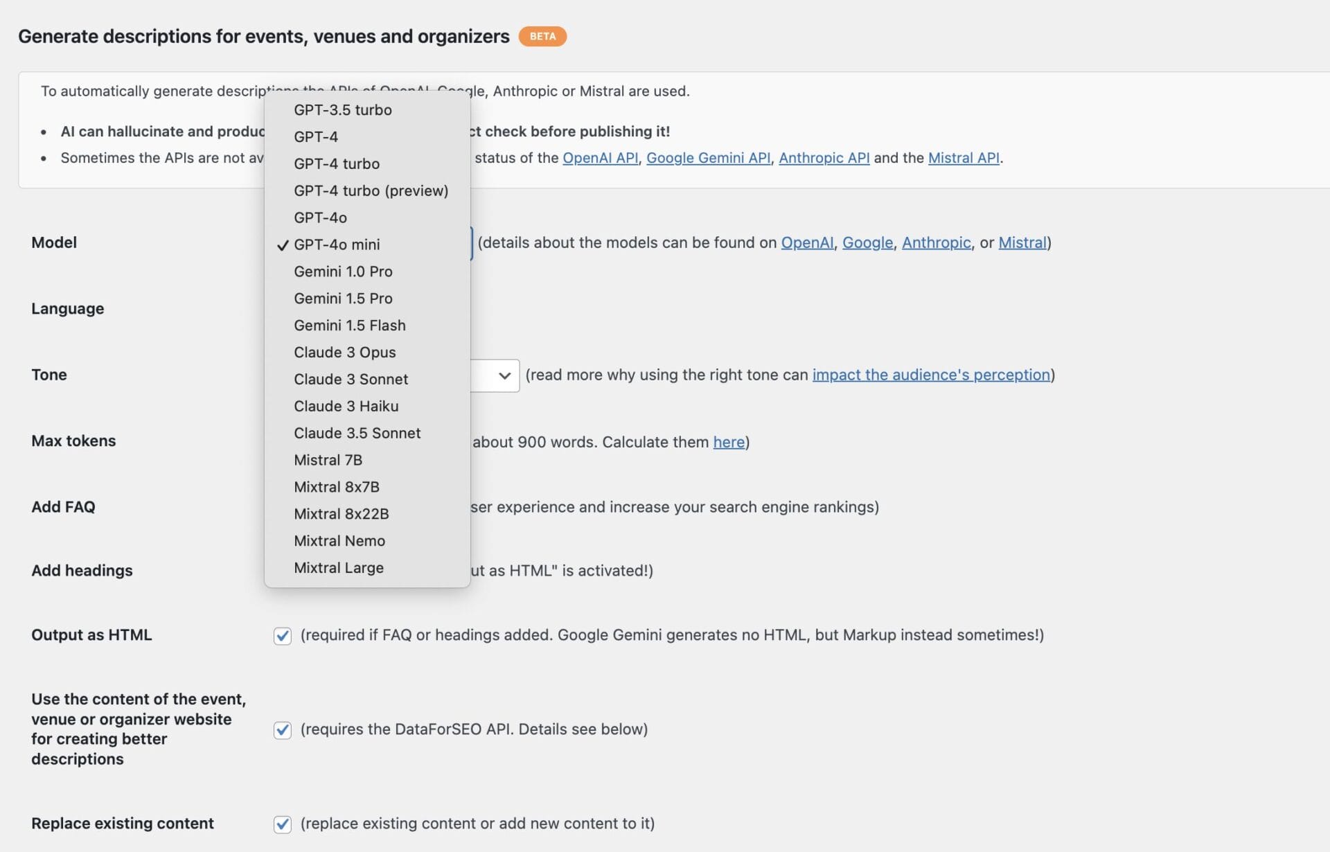 Screenshot of a dropdown menu in a software UI showing various AI models, including GPT-4 and Claude 3, with additional content options and language settings visible in the background.