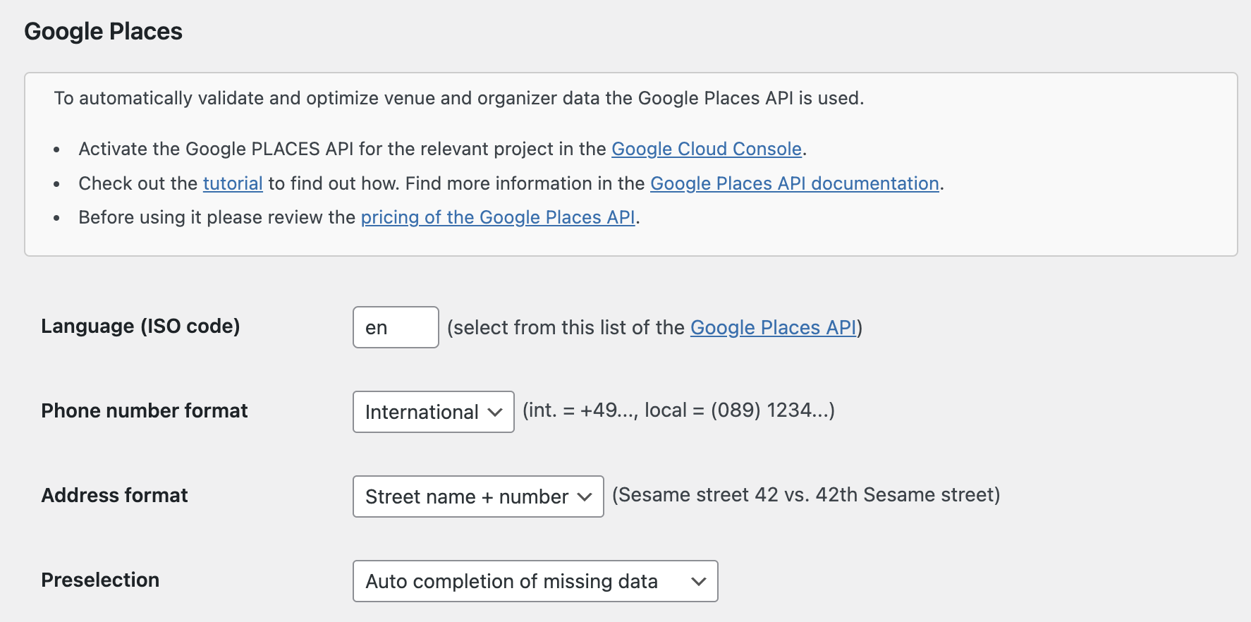 Events Optimizer Pro - settings page showing options for language, phone number format, address format, and data preselection.