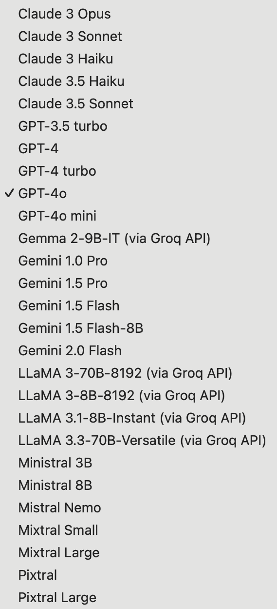 A list of various AI models, including Claude and GPT versions, with a check next to GPT-4o.