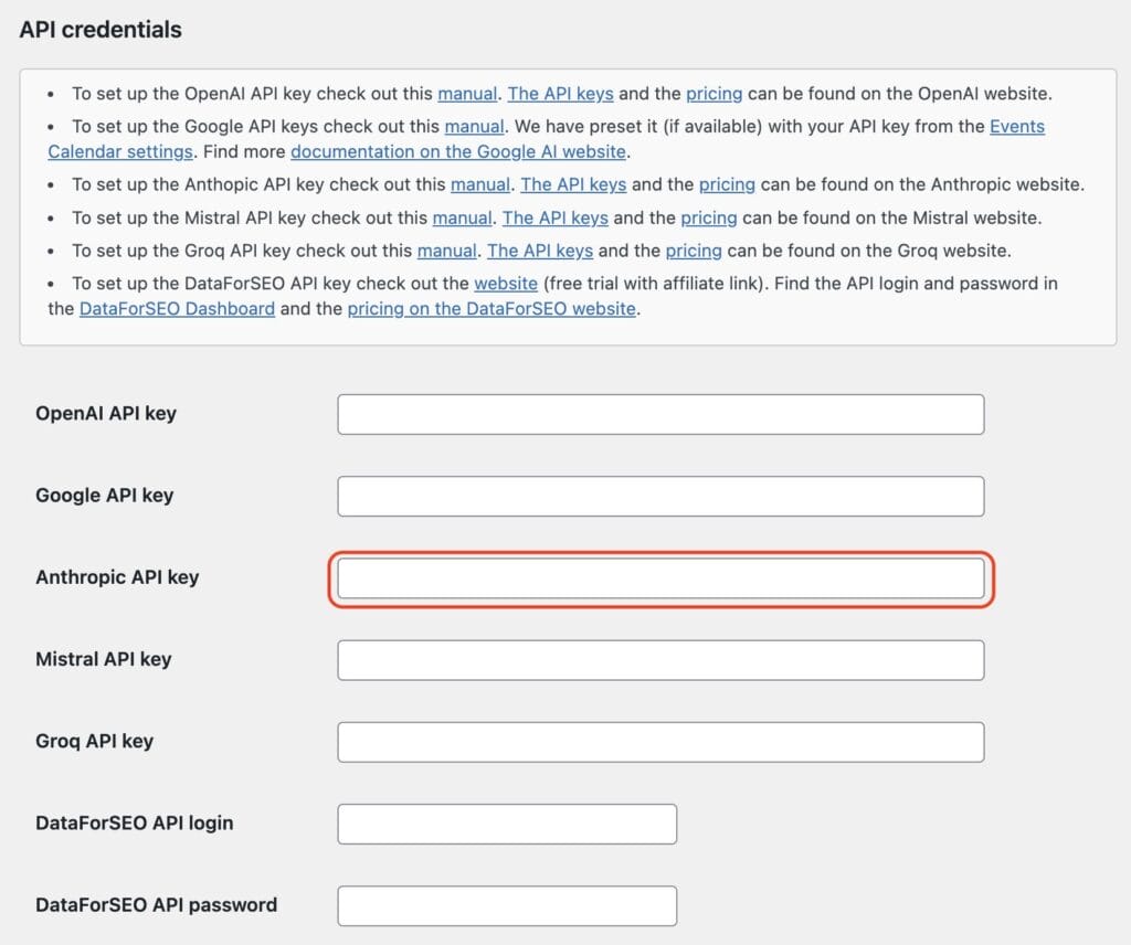 Screenshot of a webpage form requiring API credentials from various providers, including OpenAI, Google, Anthropic, Mistral, Groq, and DataForSEO, with blank input fields.