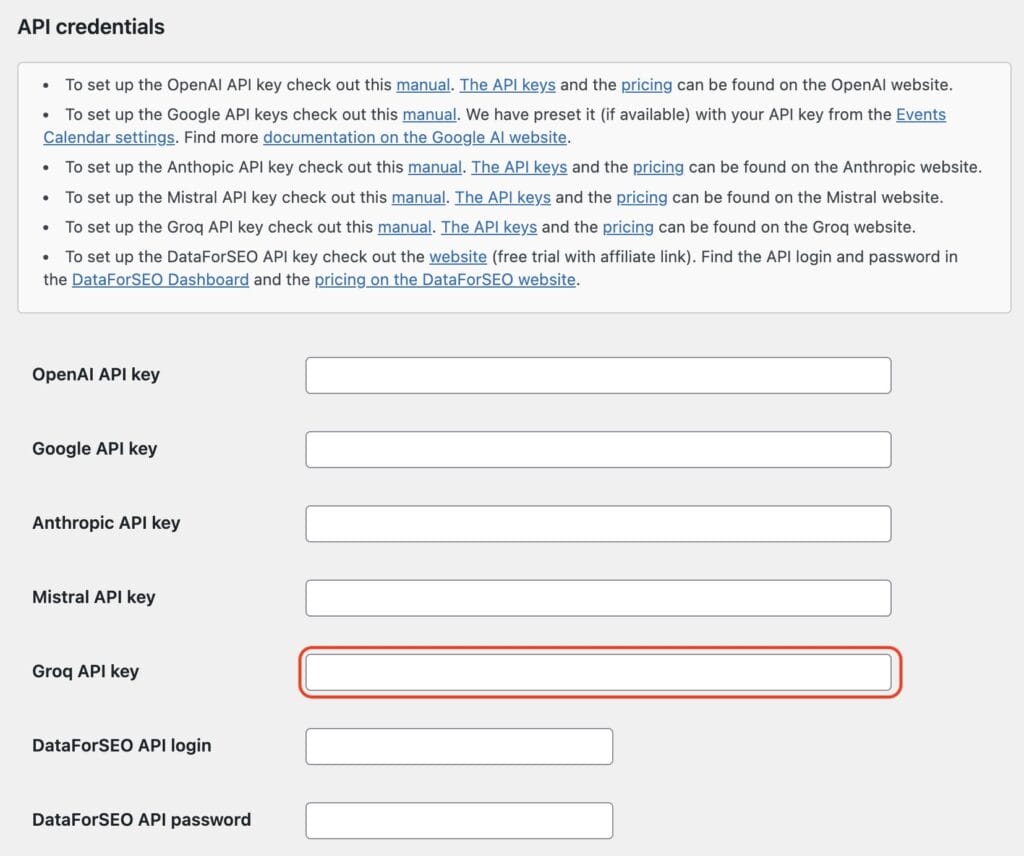 Form displaying fields for entering various API keys, including OpenAI, Google, Anthropic, Mistral, Groq, and DataForSEO.