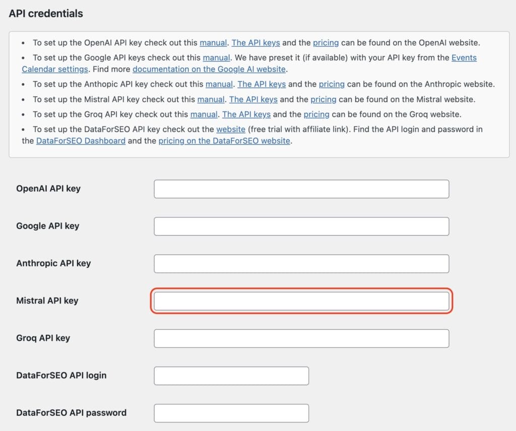 API credentials input screen with fields for OpenAI, Google, Anthropic, Mistral, Groq, DataForSEO API keys and login details. Mistral API key field is highlighted.