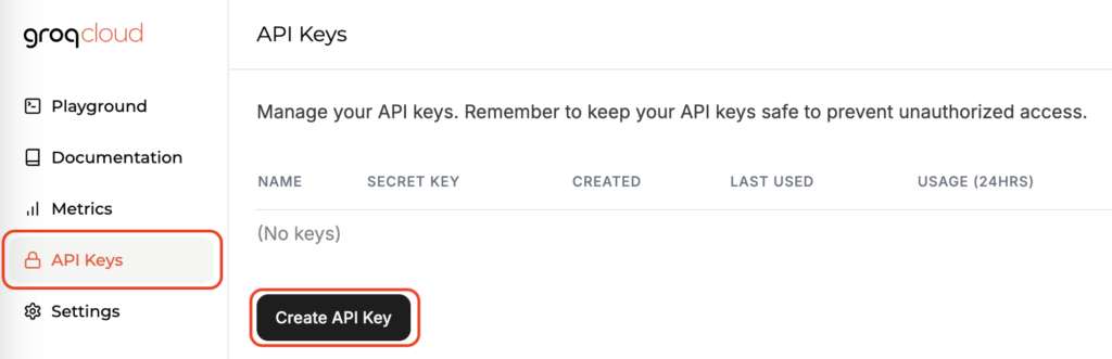 Screenshot of a dashboard for managing API keys, showing options like "Playground" and "Metrics" on the left. The "Create API Key" button is highlighted at the bottom.