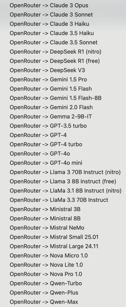 A list of various AI models, including Claude and GPT versions.